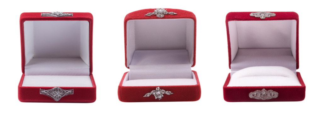 collection of open empty ring box in red color isolated on white background