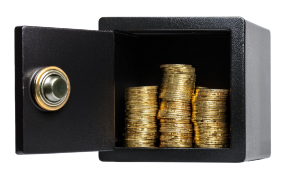 analog safe box with gold coins isolated on white background - Powered by Adobe