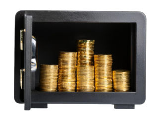 open safe box filled stack of golden coins isolated on white background