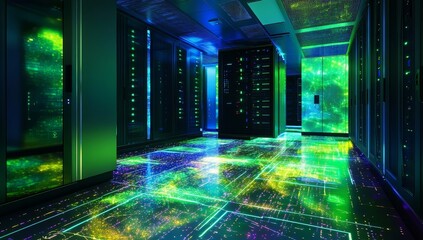 Illuminated data center server room with glowing floor.