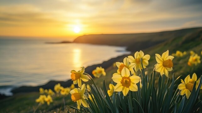 Daffodil blooms at sunset by the sea for st. david's day celebration