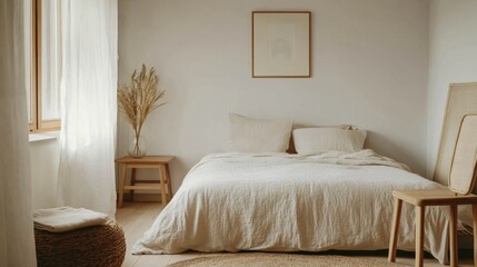 A serene bedroom with a minimalist design, featuring a bed covered in beige linens, a wooden stool, a woven basket, and a framed picture on the wall. 