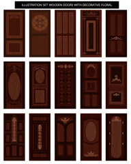 illustration set wooden door design with floral, wood, wooden, doors, wooden doors