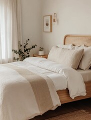 A cozy bedroom setting with a wooden bed featuring a wicker headboard. The bed is neatly made with neutral-toned bedding and a woven throw blanket
