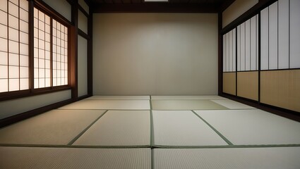 Empty traditional Japanese-style room with unmanned tatami mats