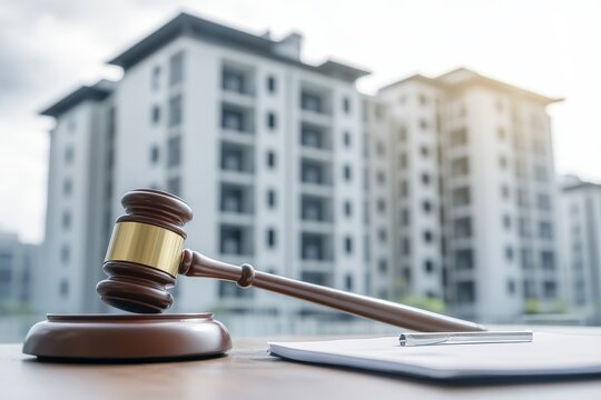 Gavel, documents, and apartment building in background.