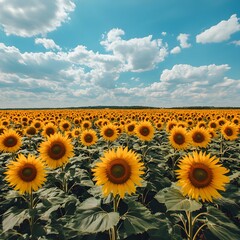 Fototapeta premium A photo of a sunflower field stretching endlessly under a bright summer sky.