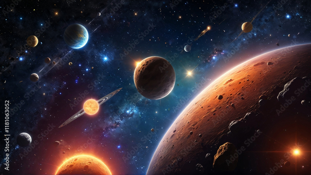 Wall mural asteroids soaring through the cosmos, gracefully passing by vibrant planets adorned with intricate d