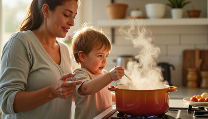 Mother and child cooking together in a bright kitchen