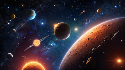 Asteroids soaring through the cosmos, gracefully passing by vibrant planets adorned with intricate details and textures