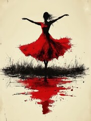 Abstract Silhouette of Dancer in Red Dress
