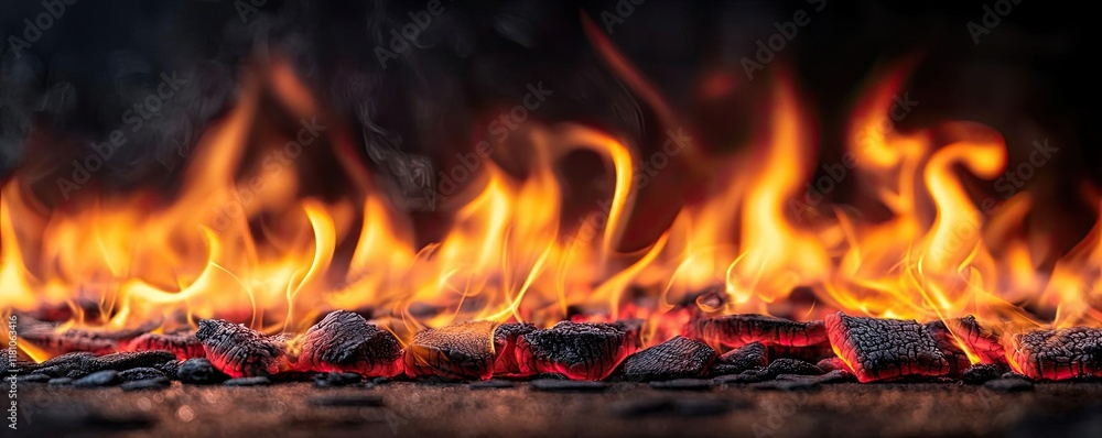Poster fire abstract background idea. a vivid display of flames dancing over glowing embers in a dark setti