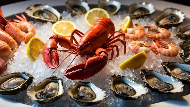 Vibrant display of fresh seafood on ice with lobster, shrimp, and oysters garnished with lemon slices, showcasing culinary artistry