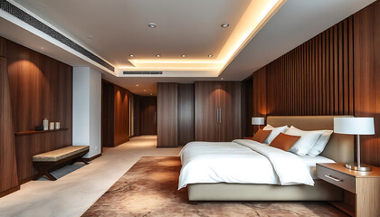 Luxurious Hotel Room, modern and cozy hotel bedroom with a large bed, and white bedding, minimalist decor style bedroom,  created with generative ai