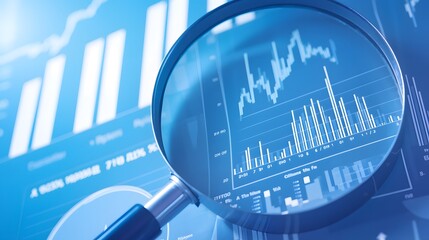 Close-up of a magnifying glass focusing on a detailed data chart, illustrating trends and analysis
