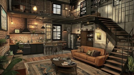 Fototapeta premium The interior design of an industrial style apartment with a mezzanine floor