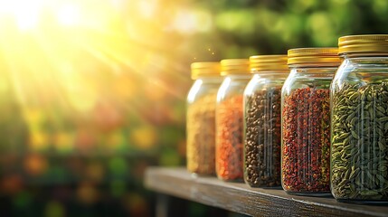 Colorful jars of spices arranged neatly with sunlight shining through, highlighting their vibrant colors.