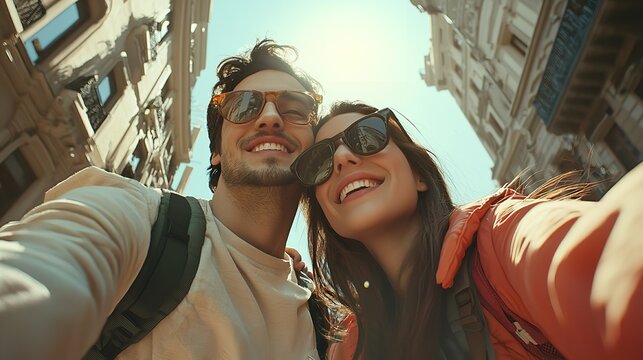 "Happy Tourist Couple Taking Selfie While Exploring"