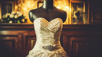 Elegant wedding dress displayed on a mannequin at a stylish venue for bridal shows or wedding planning events