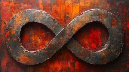 Rusty metal infinity symbol on a textured red background.