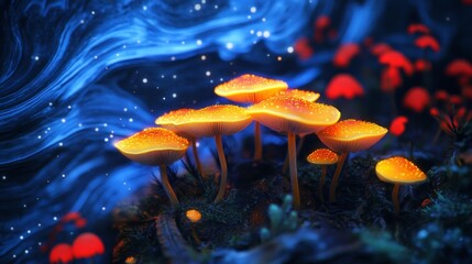 Luminous orange mushrooms glowing brightly in a mystical blue forest at night.