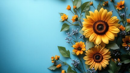 Vibrant Sunflowers and Blossoms on a Light Blue Background