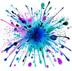 Watercolor Blue and Purple Splash Clipart – Paint Stains and Ink Blots on a White Background, High-Resolution Artistic Design Element