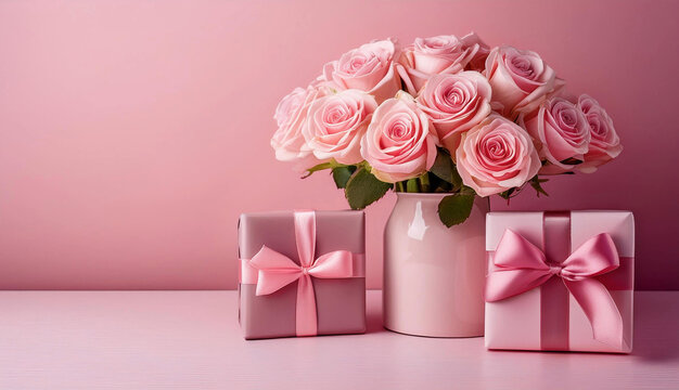 Rosas y caja de regalos con cinta de sat&eacute;n sobre fondo rosa San Valent&iacute;n 