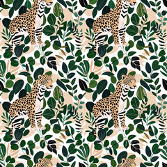 Obraz premium Tropical seamless pattern with leopards and lush greenery 