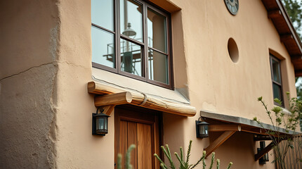 Obraz premium Tan stucco building exterior featuring a wooden awning over a wooden door, dark-brown framed windows, and small exterior lights. Plants are visible at the base.