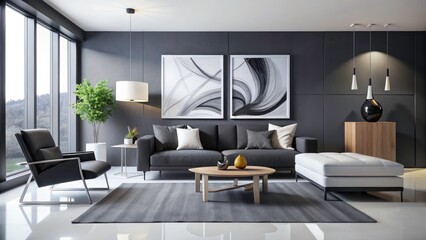 Minimalist Black & White Living Room: Modern Furniture, Abstract Art - Interior Design