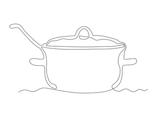 Abstract pot of soup and a ladle. continuous single line art drawing sketch, logo