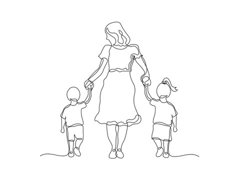 Abstract family,mother and children. continuous single line art hand drawing sketch