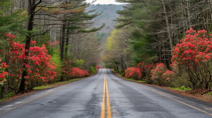 Obraz premium Charming country road adorned with vibrant spring flowers in a idyllic landscape scene