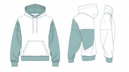 This technical illustration of a hoodie and sweatshirt provides flat technical drawings for both men and women. The white and green hoodie and sweatshirt feature front and back views