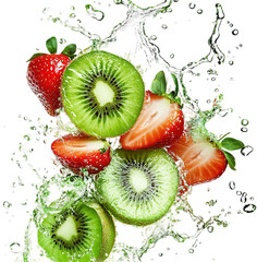Set of fresh kiwi slices splashing with strawberry juice waves