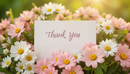 Heartfelt thank you note with flowers in soft warm light, gratitude
