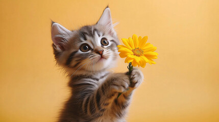 A playful tabby kitten holds a vibrant yellow flower against a warm yellow background, ideal for congratulatory messages, spring events, or pet-themed promotions.