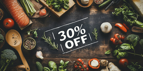30% Off Sale Banner on a Table with Fresh Food Ingredients