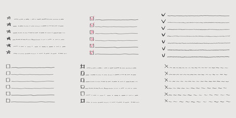 Fototapeta premium Collection of vector isolated outline hand drawn check to do list, bullet, check mark and check box in a doodle sketch cartoon style. Set of paper note with task plan.