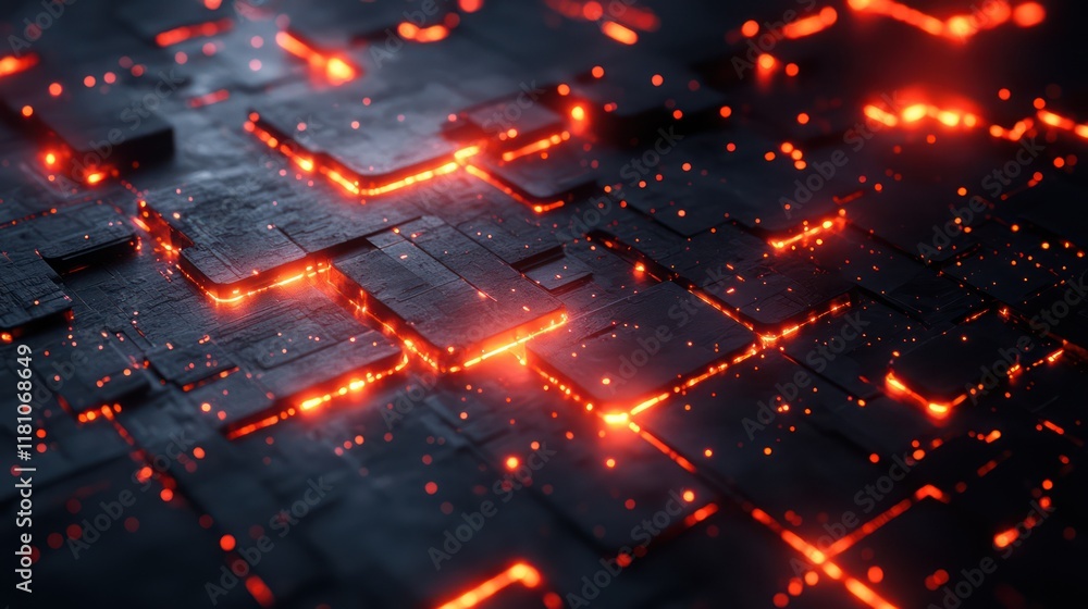Poster abstract glowing grid: intricate network of illuminated blocks