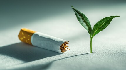 A broken cigarette lies beside a small green sprout, symbolizing the contrast between harmful habits and new life.