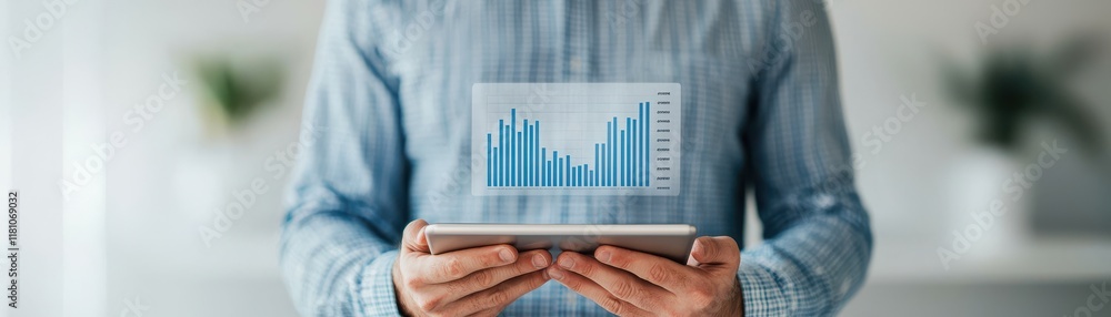 Poster a person holds a tablet displaying a digital graph, indicating data trends and analysis in a modern,