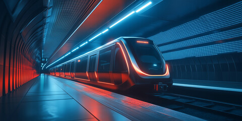 Futuristic Metro Train at Station with Red and Blue Lighting
