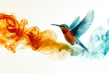 Obraz premium A vibrant bird in flight, surrounded by colorful wisps of smoke, showcasing beauty and grace.
