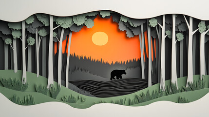 paper art style of landscape with animals in a forest beautiful trees and leaves. in natural forest layered shape in natural forest layered shape