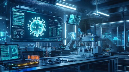 Obraz premium A detailed scene of a virus undergoing laboratory analysis, with advanced equipment and glowing screens tracking the findings
