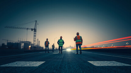 Construction workers in PPE safety gear walking away from the camera view point. No faces.