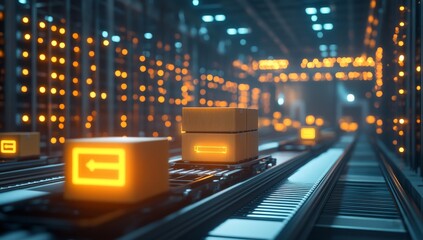 Automated warehouse with cardboard boxes on conveyor belt.