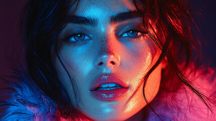 Close-up portrait of a woman with wet hair and colorful lighting.